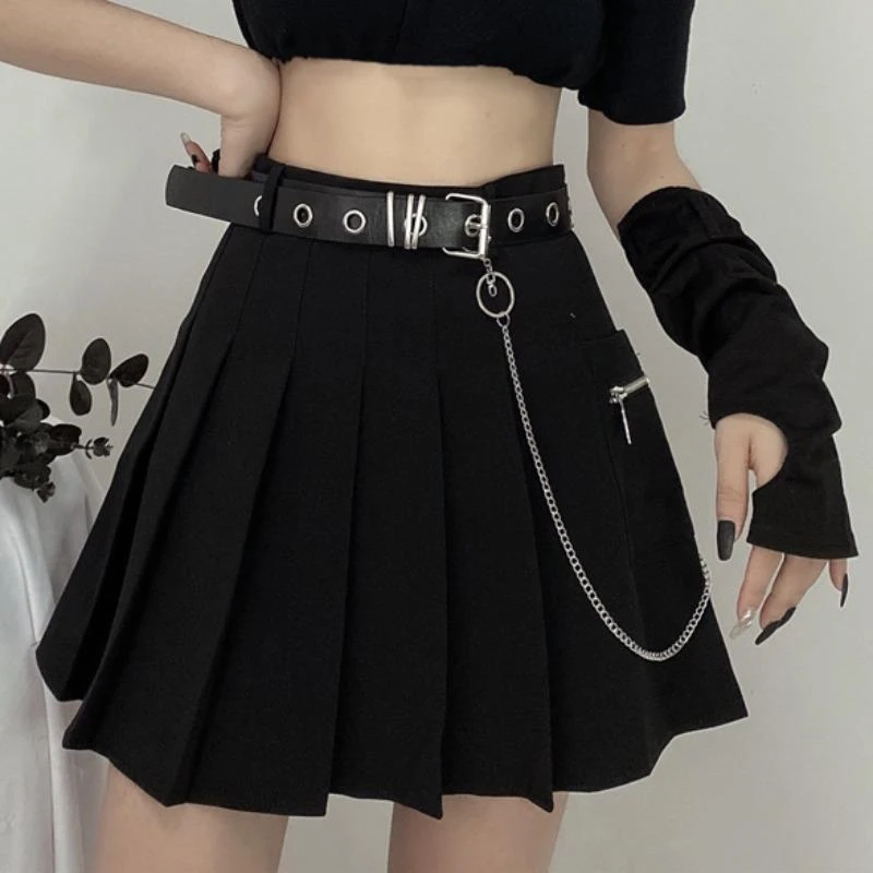 de estilo gótico para mujer, minifaldas negras plisadas cintura alta con cadena, estilo Harajuku, Hip Hop, Punk|Faldas| - AliExpress