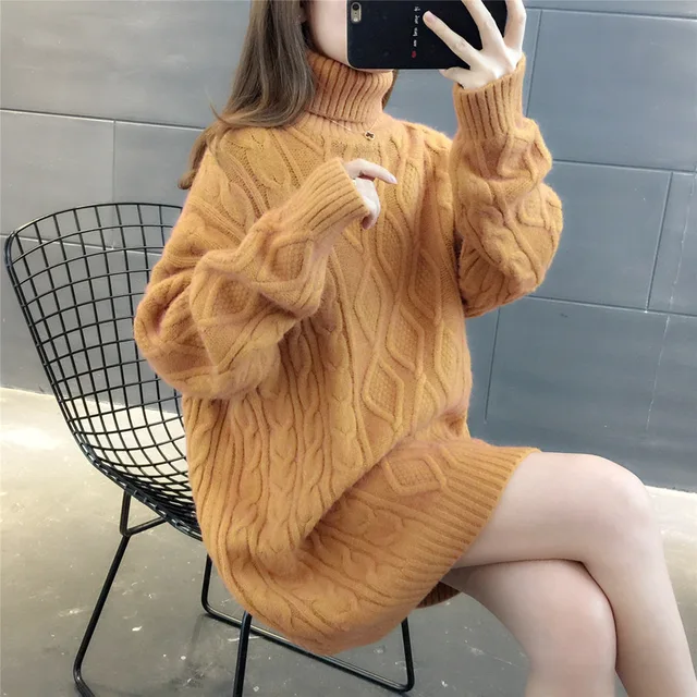 Turtleneck Loose Lazy Wind Long Sweater Women Long Sleeve Striped Jacquard Straight Knitted Sweater Women Female Spring Autumn Yellow