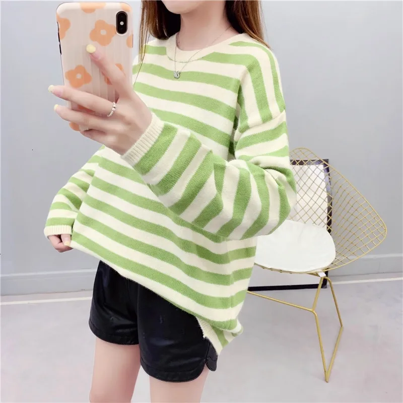 

Stripe Harajuku All Match Pull Femme O-Neck Loose Knitted Sweater Pullover Autumn Knitwear Sueter Mujer Long Sleeve Winter