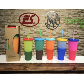 

25pcs/lot Reusable Plastic Water Bottles With Straws Temperature Color Changing Cold Cups 700ml Magic Tumblers Birthday Gifts
