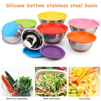 

5pcs/set Stainless Steel Mixing Bowl Non-slip Silicone Bottom Egg Basin 4 sizes Bowl Fruit Salad Noodle Rice Bowl 18-26cm