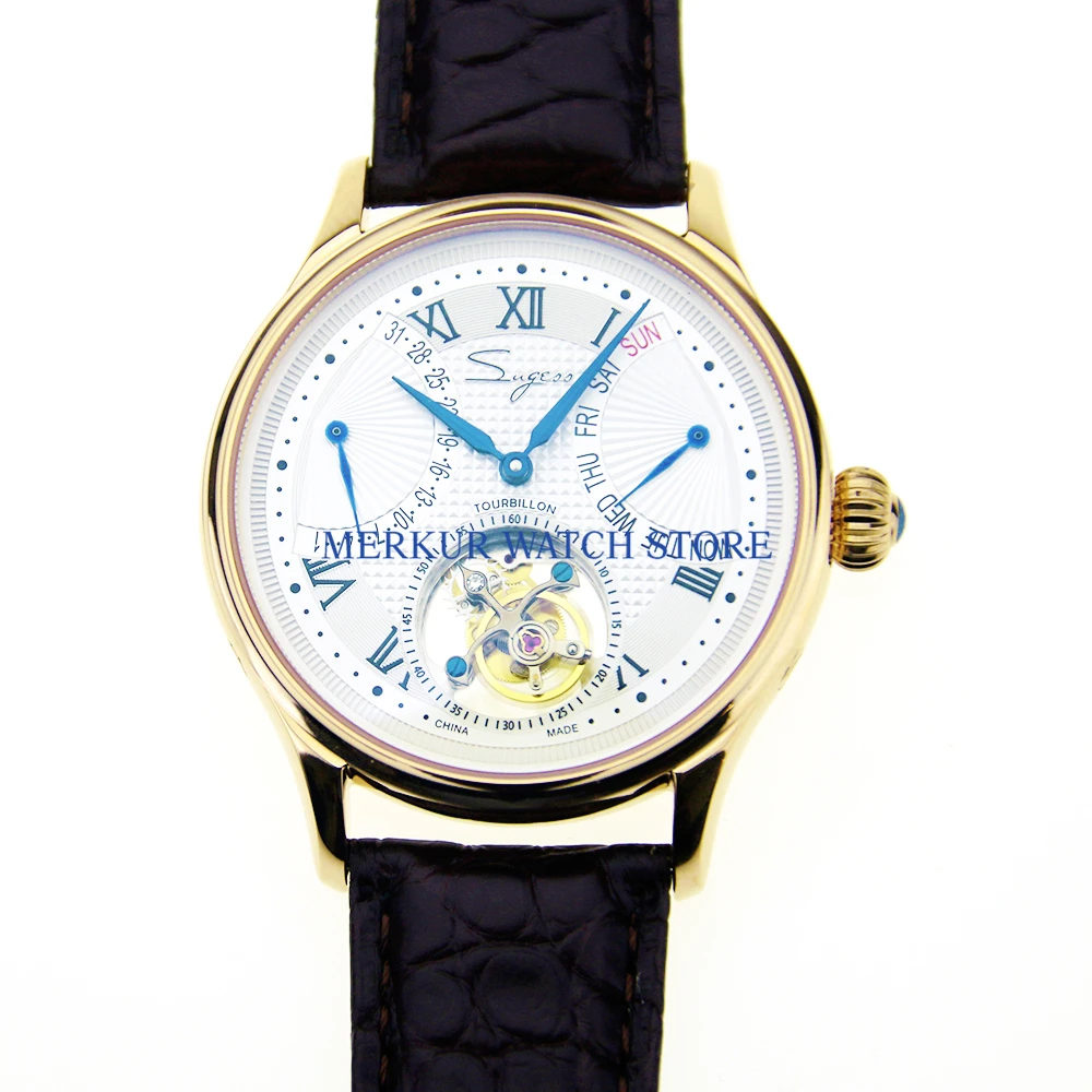 Sugess Mens Watch Flying Mechanical Seagull ST8004 Tourbillon Movement Day Date Skelenton Luxury