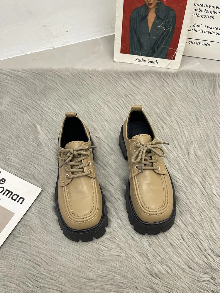 

Retro Leather Shoes Women's Shoes Winter 2021 New Style Plus Velvet Warmth Platform Lace-up Casual Shoes