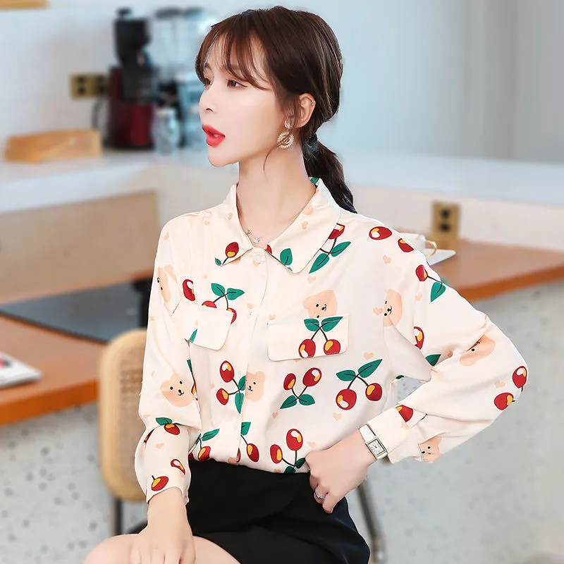 

Korean New Women'S Shirt Long Loose Sleeve Turn-Down Collar Cute Fruit Print Fashion Woman Blouses 2021 Female Clothing