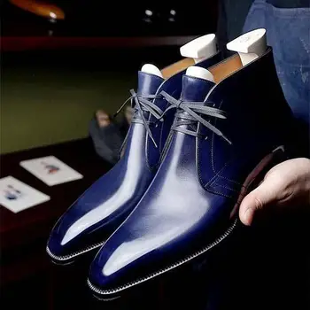 

Men New Fashion Handmade Pu Leather Ankle High Boots Low Heel Lace-up Pointed Toe Shoes Male Vintage Classic Chukka Boots 4M138