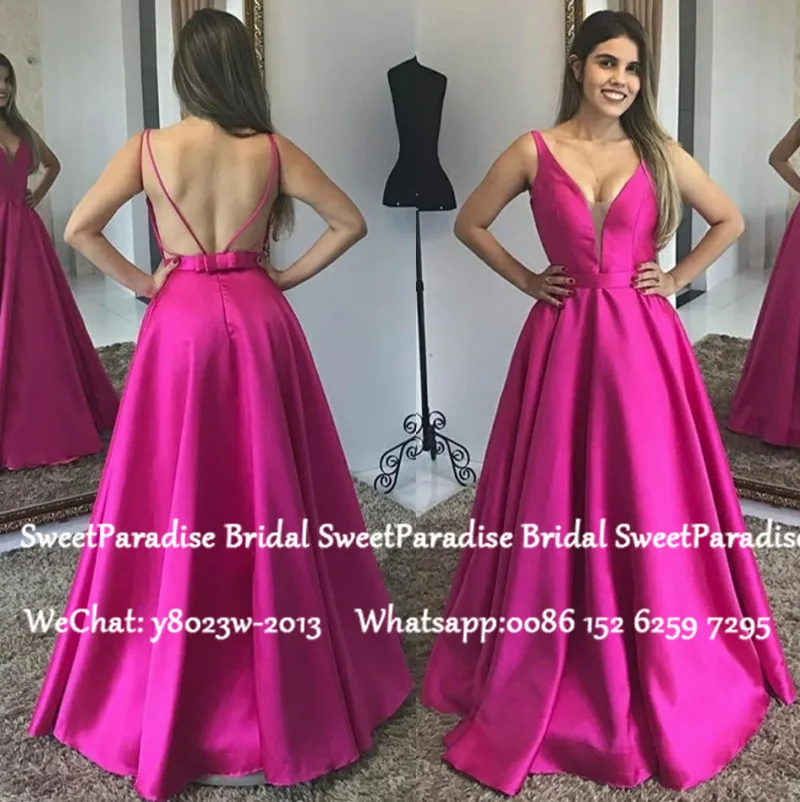 

Fuchsia Satin Evening Dress 2020 Sexy Backless Deep V Neck Sleeveless A Line Robe De Soiree Prom Dresses Party For Women