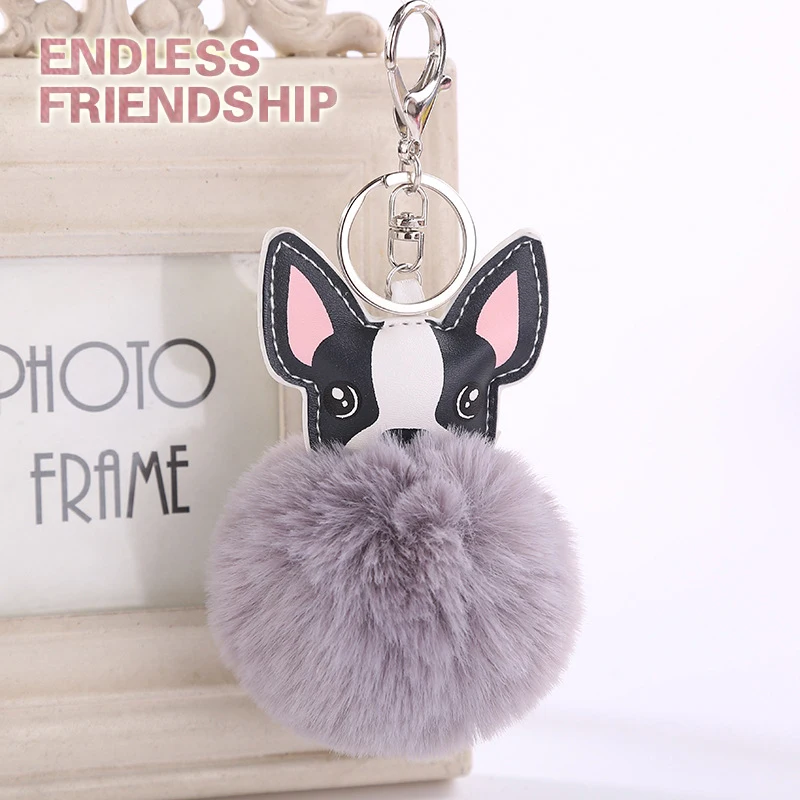 

Lovely Fluffy Rabbit Fur Ball French Bulldog Keychain Pompom Key Chains Leather Dog Keyring Holder Bag Pendant for Women Gift