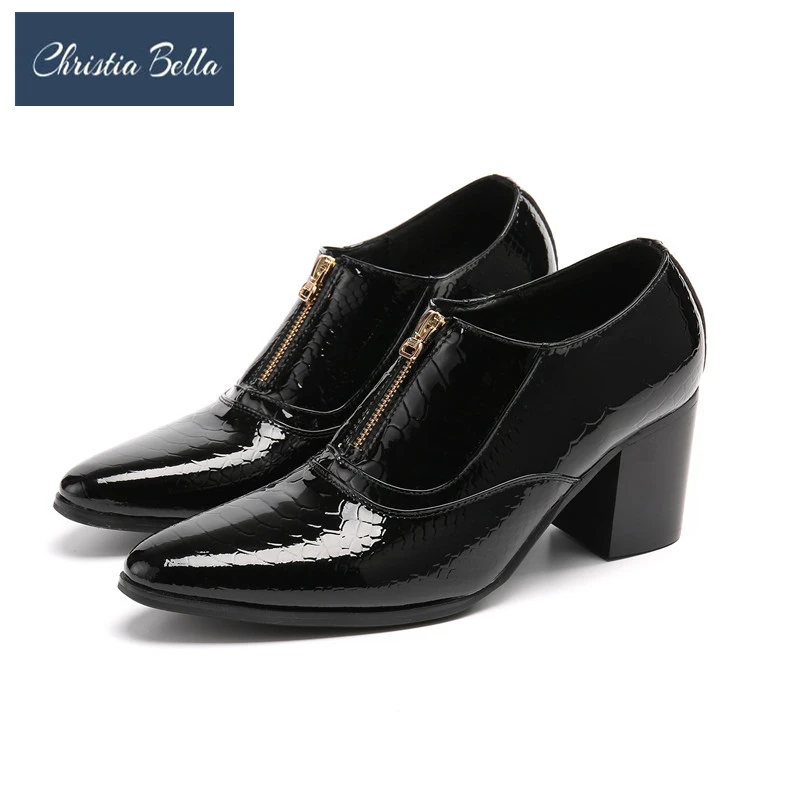 

Trending Fashion 7.5cm High Heels Mens Black Shoes Pointed Toe Zip Genuine Leather Ankle Boots Men for Business Party Wedding