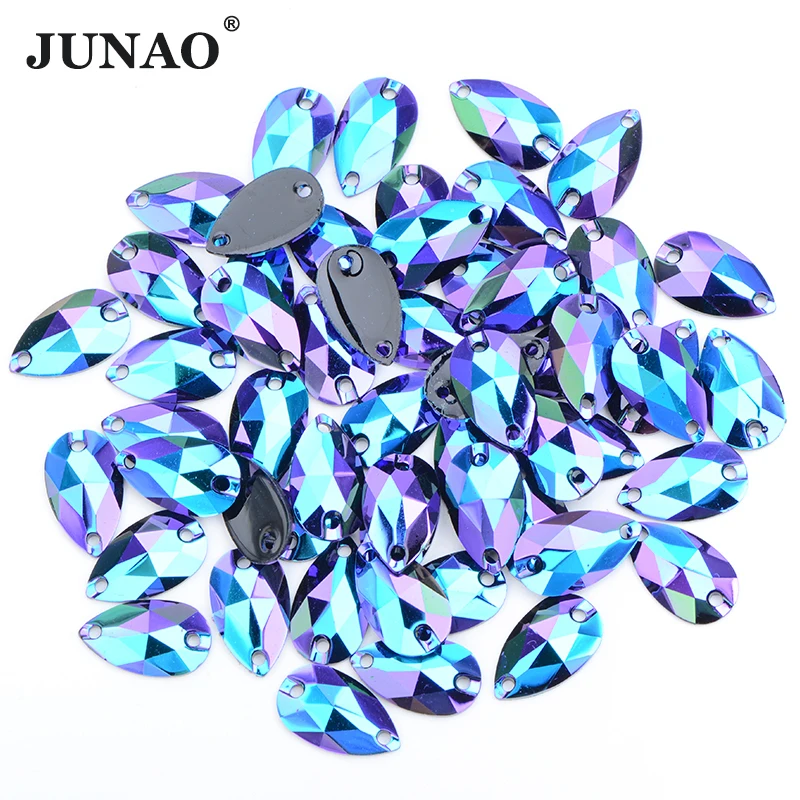 

JUNAO 17x28mm Amethyst AB High Quality Sewing Crystal Drop Flatback Rhinestones Resin Strass Sew On Stones for Clothes Jewelry