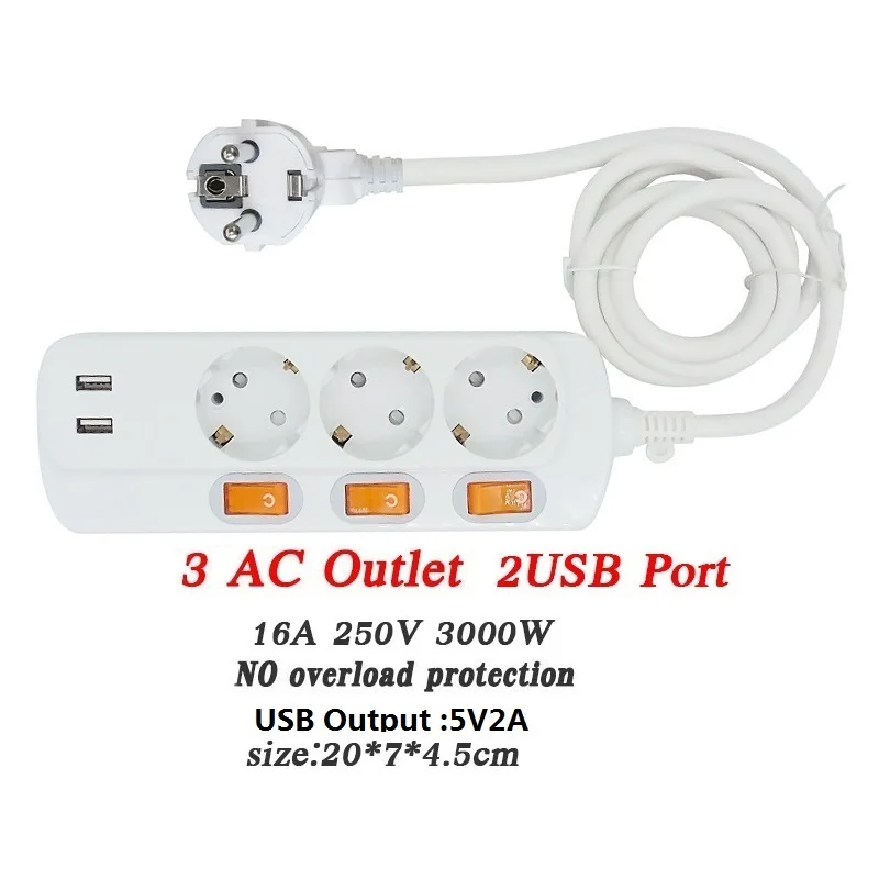 3 Output 2USB 10A 250V Немецкий стандарт заземления 1.5 квадратный удлинитель Плата питания Переключатель управления на одно отверстие розетка Дверная розетка для безопасности детей 4,8 евро вилка Европейский стандарт домкрат - Цвет: 3 Output 2USB