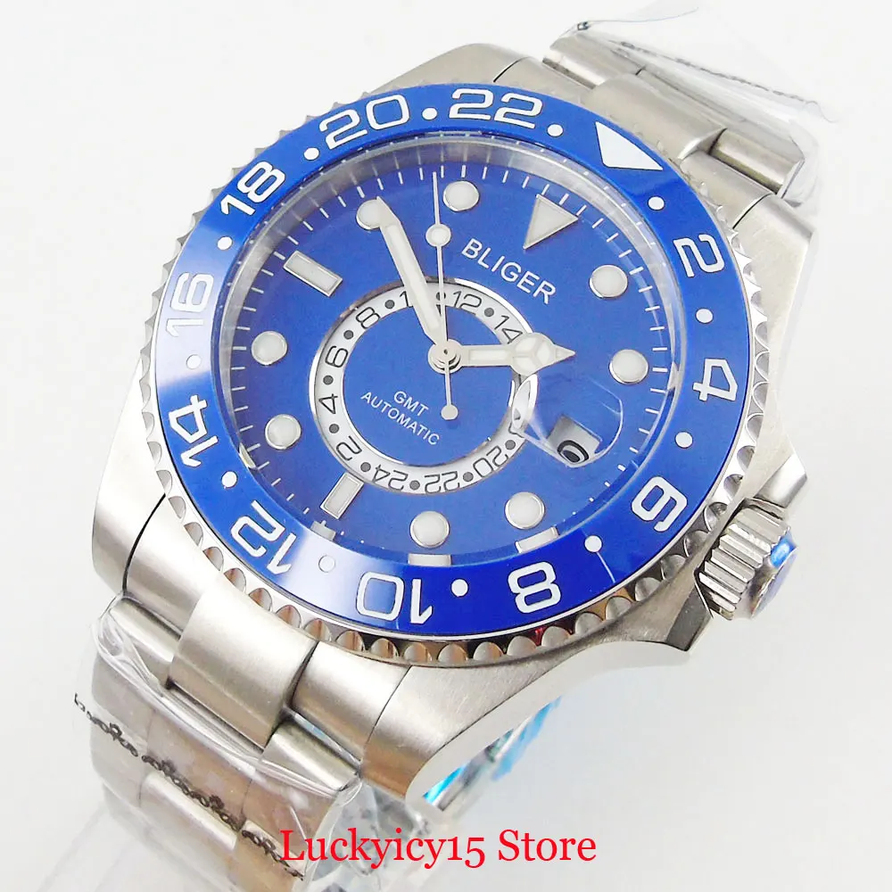 

BLIGER Mechanical Wristwatch 43mm Blue Dial GMT Function Date Function Sapphire Glass Rotating Bezel Mental Strap