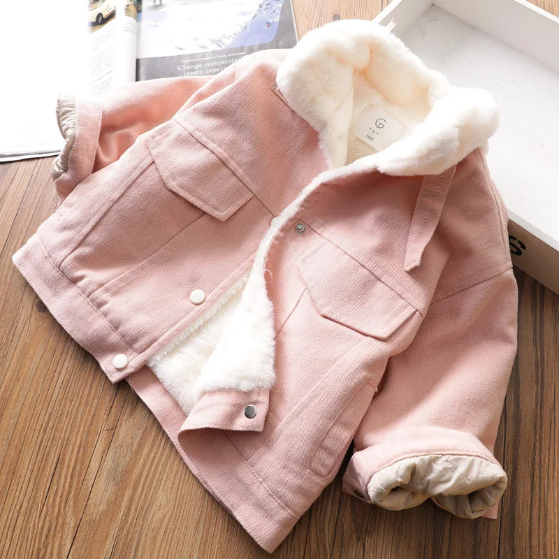 

2019 Winter Girls Loose Thick Collar Collar Long-Sleeved Coat Children's Solid Color Short Coats