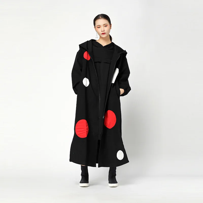 [EAM] Loose Fit Hooded Dot Printed Woolen Coat Parkas New Long Sleeve Big Size Women Fashion Tide Autumn Winter JY733