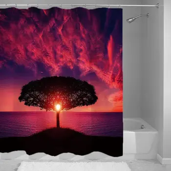 

Landscape Single Tree with Sunset Shower Curtain Decor by Red Sky Reflect On Water,100% Waterproof Fade Resistant Polyester