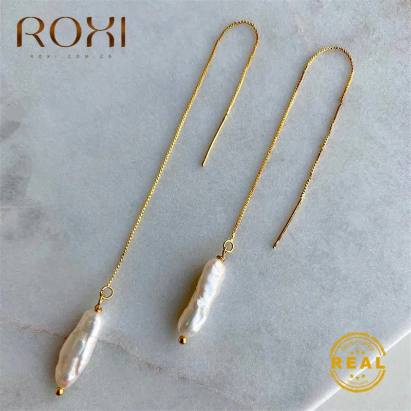 ROXI модный речной жемчуг длинные висячие серьги Женская Золотая цепочка серьги с кисточками линии уха барокко жемчужные висячие серьги