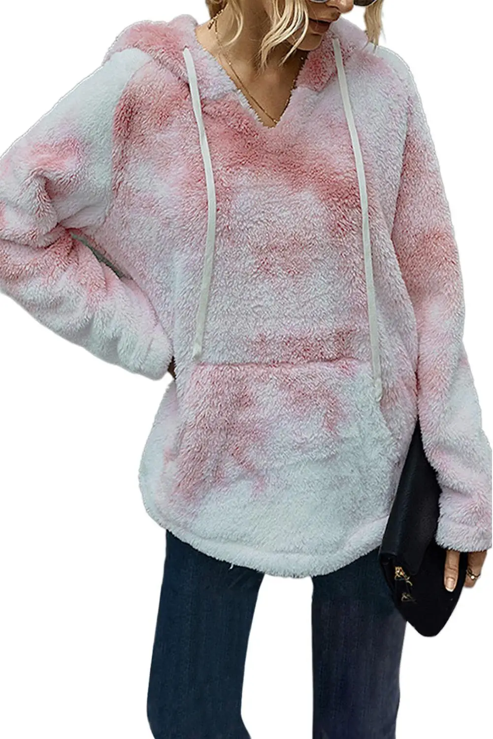 Black/Blue/Green V-Neck Tie-Dye Plush Plus Velvet Pullover Hoodie Sweatshirts Tops Women 2020 Casual Autumn Winter Outfits