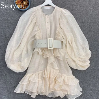 

Svoryxiu Runway Designer Female Summer Striped Print Boho Asymmetrical Dress Women Puff Sleeve Sashes Ruffle Hem Mini Dresses