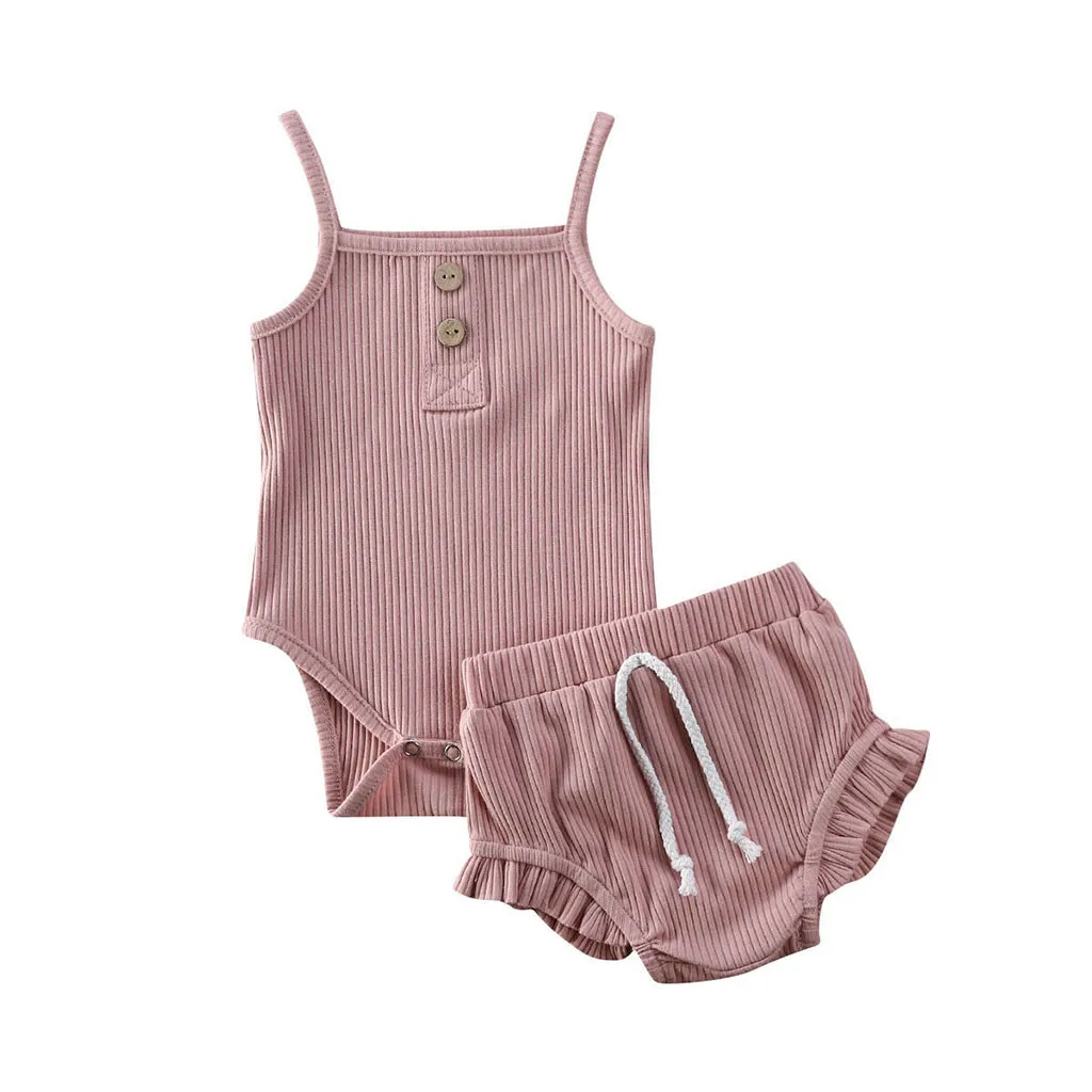 

(3M-24M)Baby Sleeveless Sling Solid Color Hanging Robe + Frilled PP Pants Shorts Set Actuarial Summer Comfortable  S4