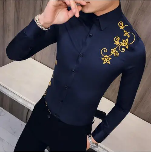 3 Новая Корейская вышитая рубашка мужская Kemeja Pria Slim Fit рубашка с длинными рукавами Мужская рубашка для выпускного вечера для клуба Camisa Masculina Весна - Цвет: 3