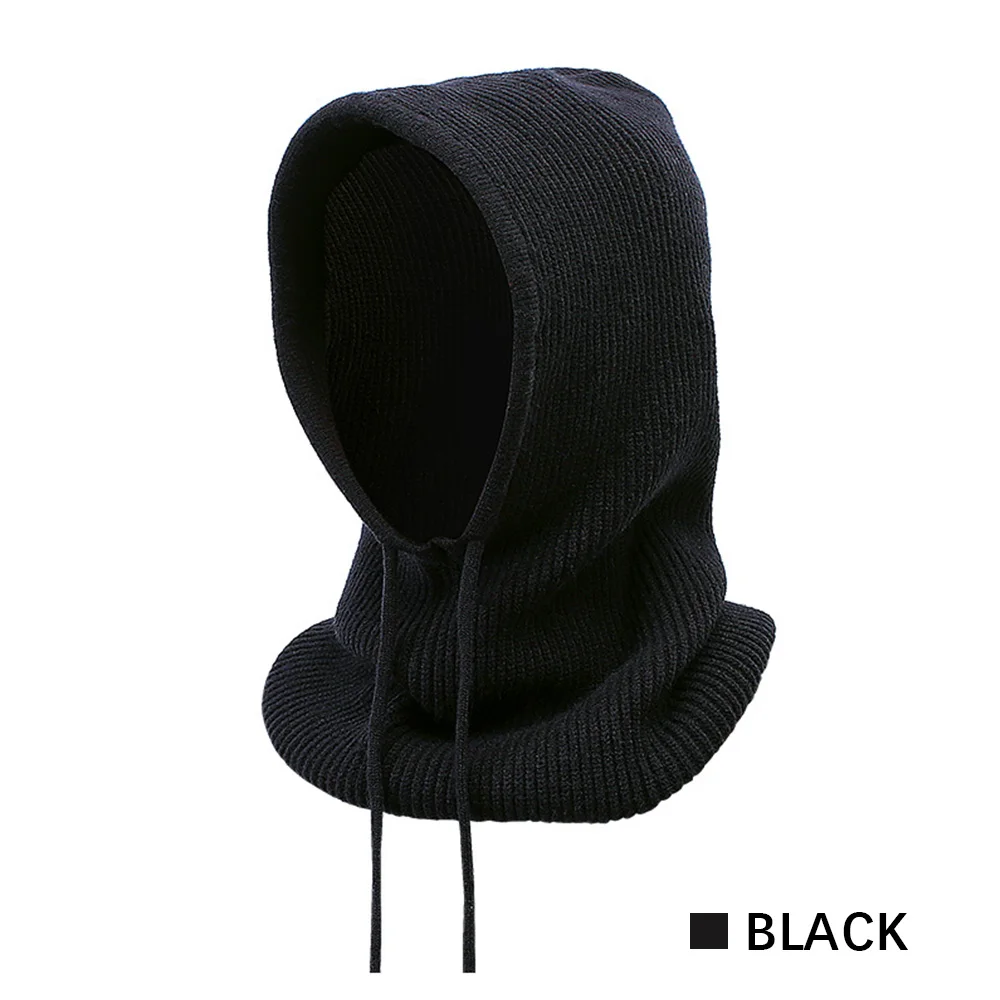 Зимние вязаные шапки унисекс с капюшоном для женщин, теплые одноцветные шапки, мягкий шарф для мужчин, сохраняющий тепло, мужской стиль - Цвет: Черный