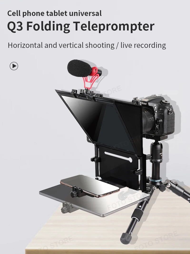 カメラ ビデオ 12インチ ミニテレプロンプターq3 スマホ カスタム ipad Q3 Foldable Teleprompter Video Live Streaming for Tablet