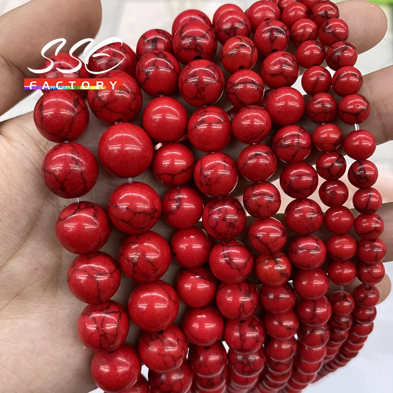 

Natural Stone Red Howlite Turquoises Round Loose Beads 15" Strand 4 6 8 10 12 MM For Jewelry Making DIY Charm Bracelet Wholesale