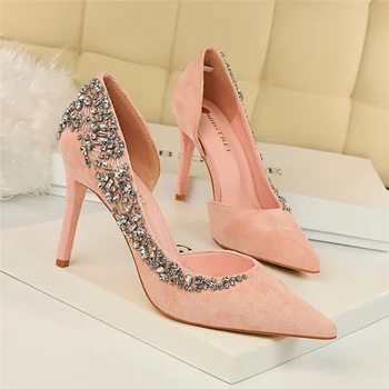 

Luxury Women Bling Rhinestone High Heels Suede Pumps Pointed Sexy Pink Heels Designer Pumps Female Shoes Ladies Wedding Shoes