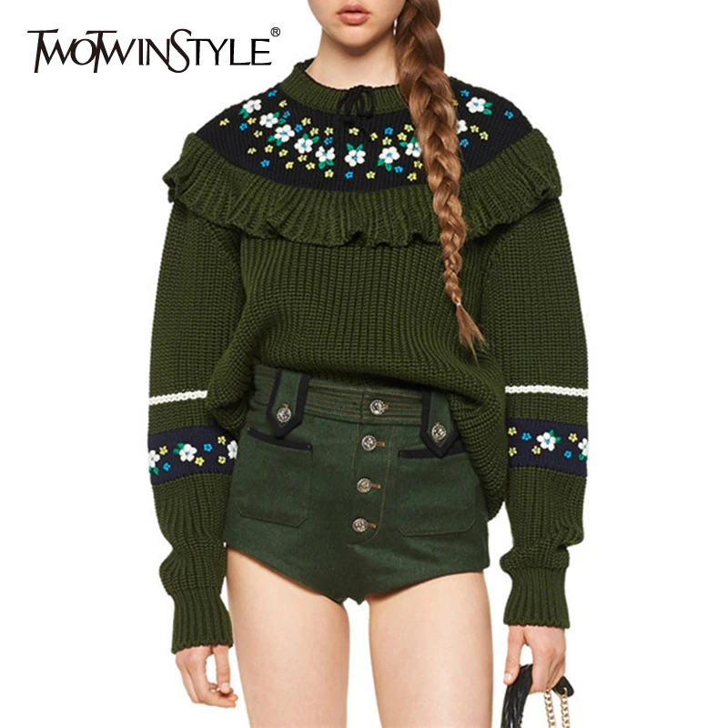 TWOTWINSTYLE Knitting Patchwork Embroidery Sweater For Women O Neck Long Sleeve Vintage Female Sweaters 2020 Autumn Fashion New | Женская