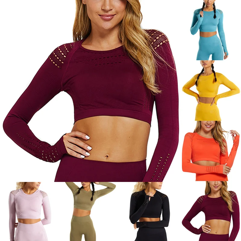 

Women Sports Suit Seamless Yoga Set Workout Gym Set Push Up Leggings Long Sleeve Crop Tops BB55