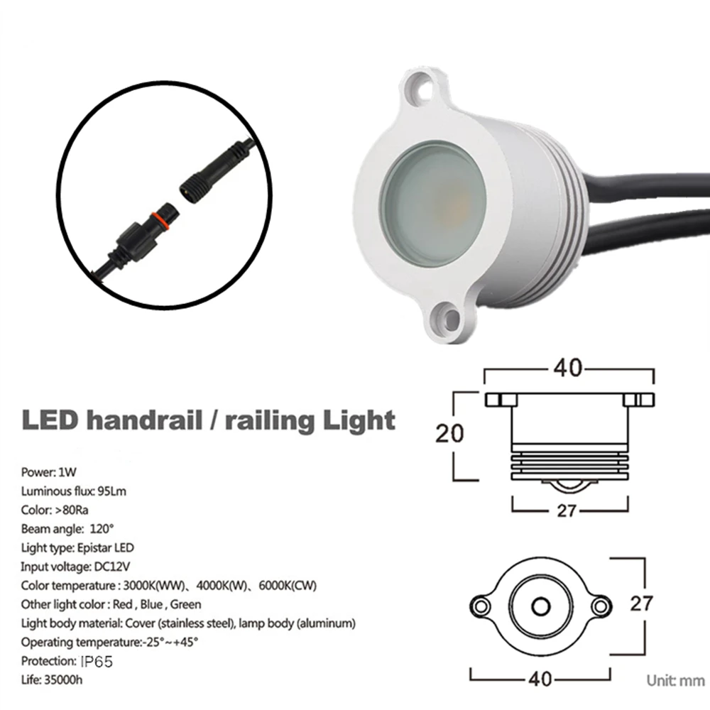 Outdoor 1W LED Handrail Light Waterproof IP65 Tube Lamp 12V 30mm Cut Hole Recessed Spotlight Road Bridge Railings Lighting 3