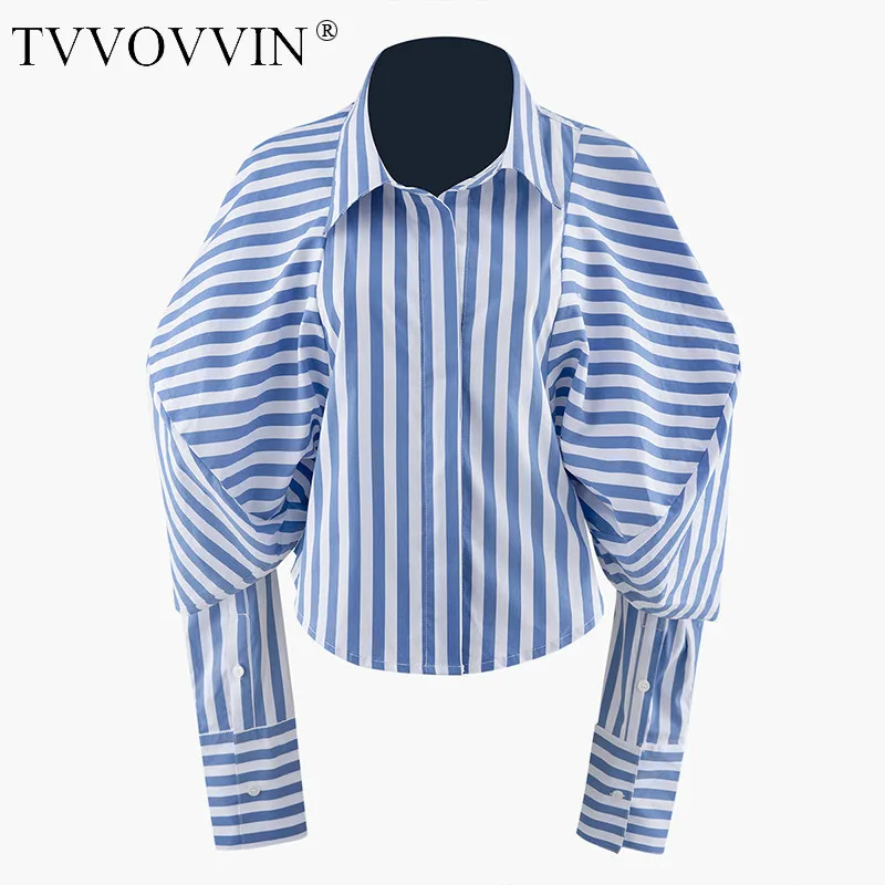 Tvvovvinin новая весенне-летняя рубашка с лацканами и длинными рукавами-фонариками синяя полосатая рубашка мужская женская блузка модная Tide V824