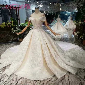 

AXJFU luxury princess beading crystal flower white lace wedding dress vintage boat neck silvery sparkly wedding dress 176