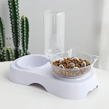 

None feeding Double Bowl with Transparent Bottle for Cat Dog Feeding Drinking