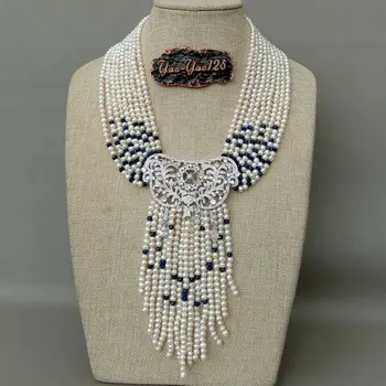 

18'' 9 Strands Freshwater Cultured White Pearl Blue Jade Necklace CZ Pendant