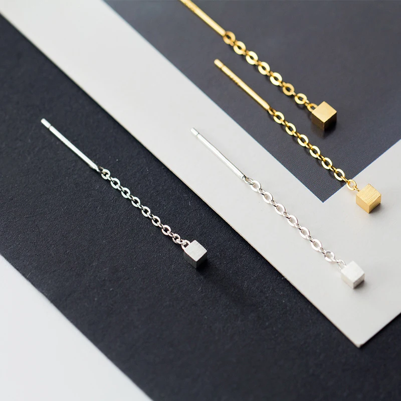 

Modian Genuine 925 Sterling Silver Long Chain Drop Earring for Women Fashion Geometric Cube Tassel Dangle Earring Fine Jewelry