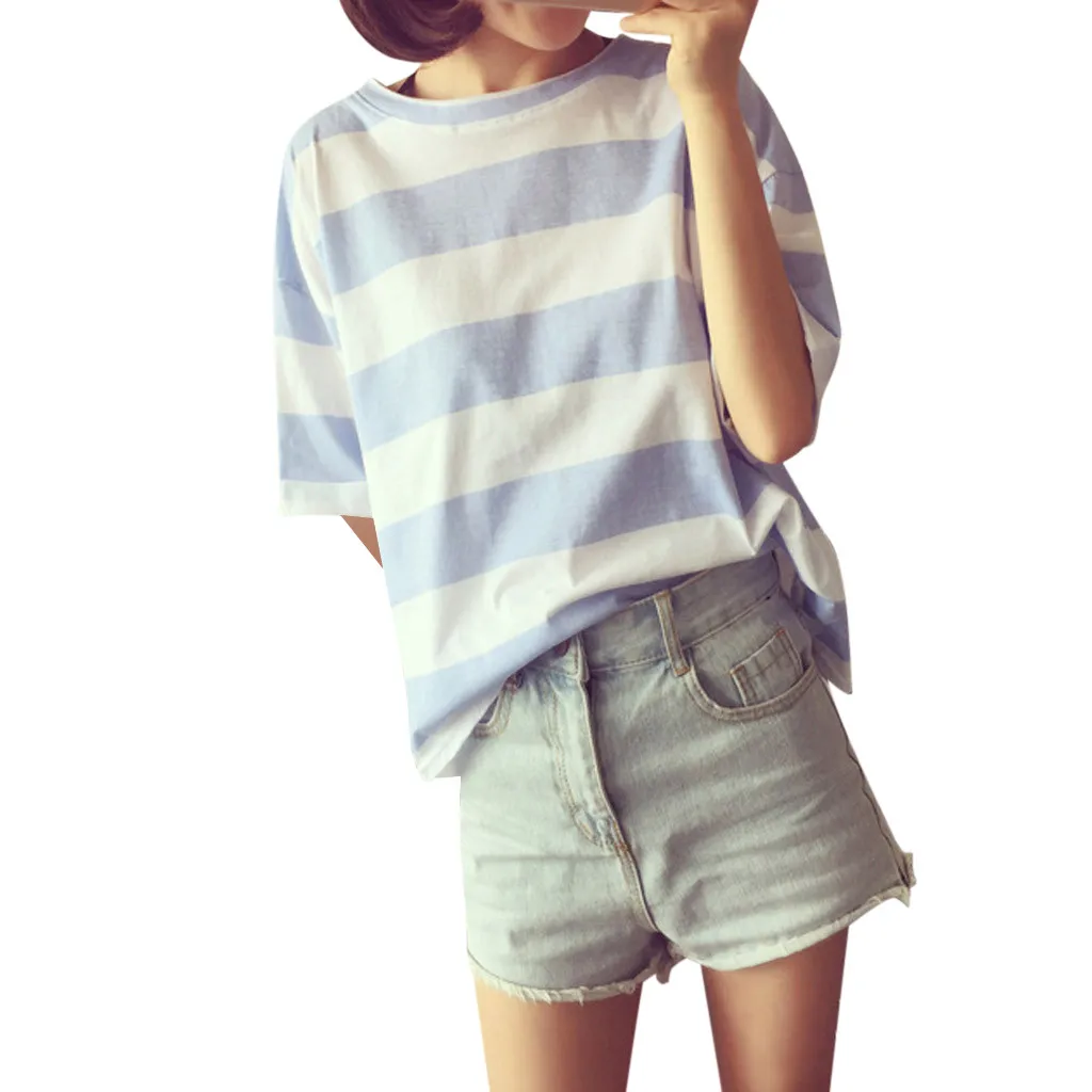Light blue Модная Женская Полосатая свободная толстовка с коротким рукавом, топы, Повседневная футболка - Цвет: Light blue