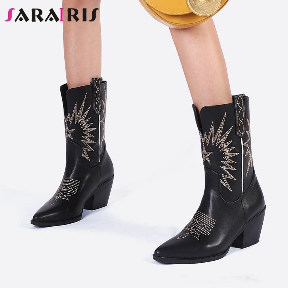 

SARAIRIS New 33-45 Brand Sewing Booties Ladies Trendy Ankle Western Boots Women 2019 Ol Pointed Toe High Heels Shoes Woman