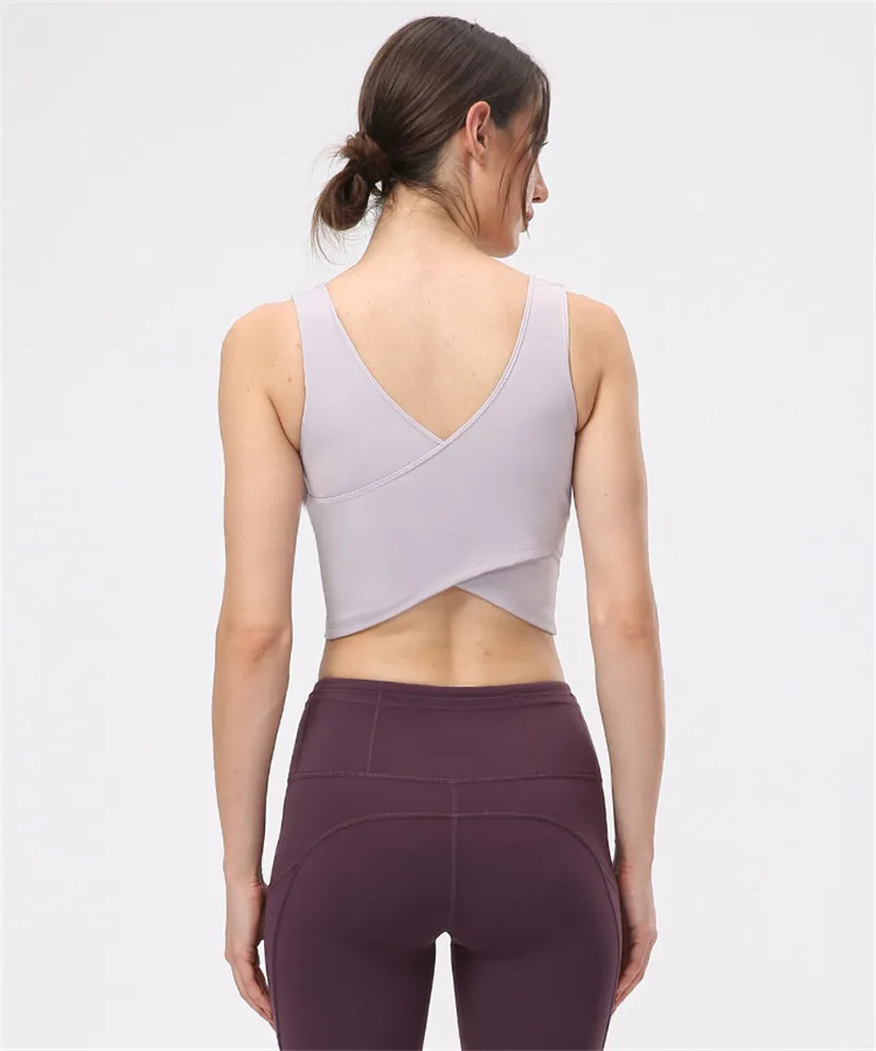 Solid Color Sports Tank Soft Yoga Vest Crop Top Moisture Wicking Tight Fitness Bra Women No Rims Removable Chest Pad Gym Clothes