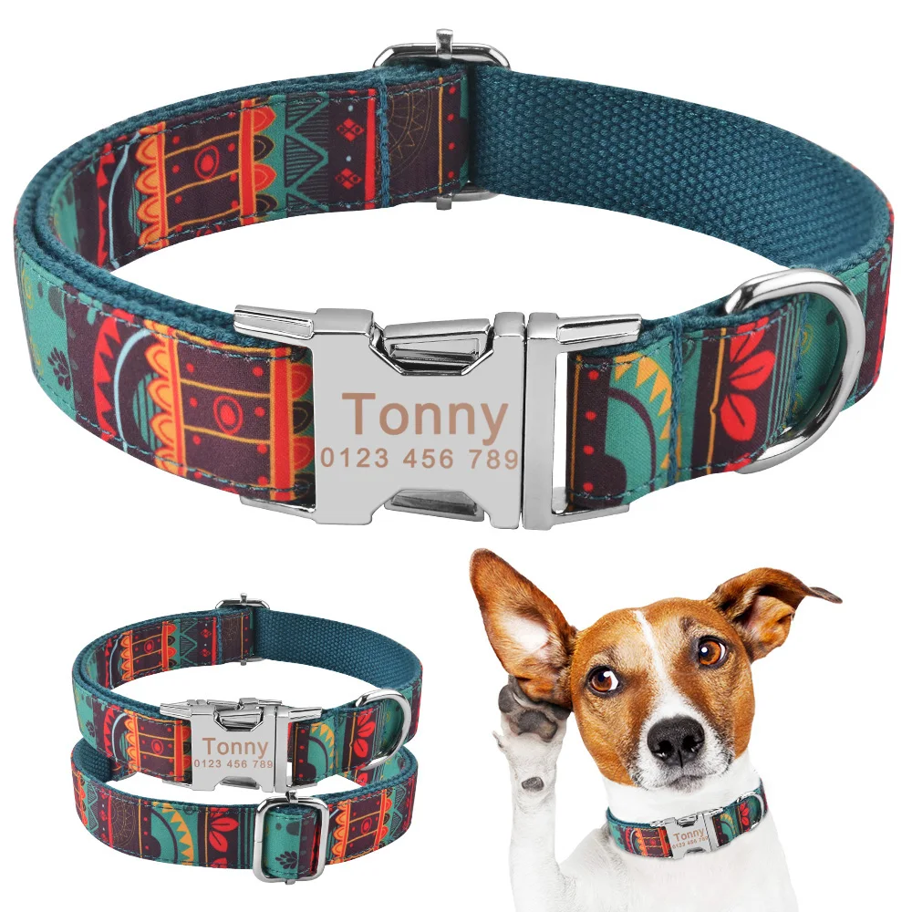 AiruiDog Adjustable Dog Collar Personalized Name Engraved Nylon Small Medium Large Dogs