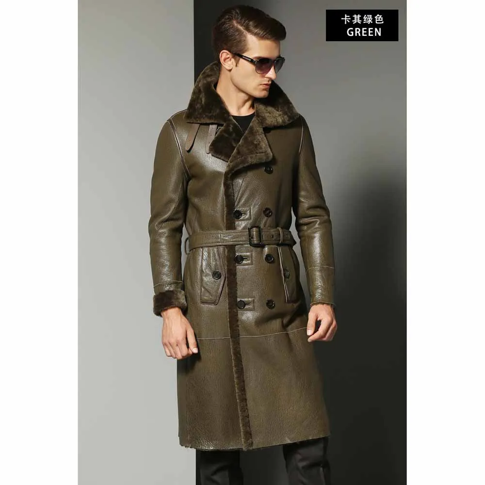 Khaki Green Новинка, утолщенная длинная овчина, овчина, мех, мужская мода, официальный костюм, воротник, натуральная кожа, верхняя одежда, зимняя, теплая, натуральный мех, пальто - Цвет: Khaki Green