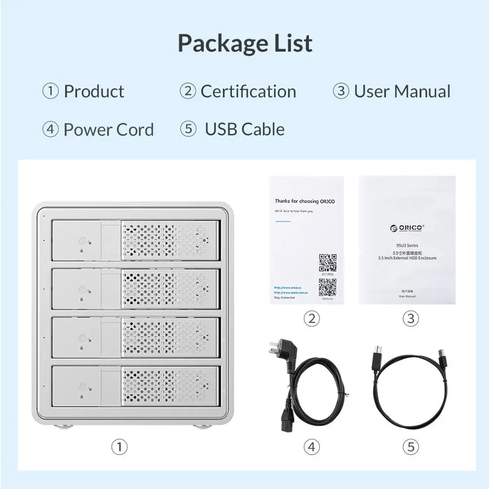 ORICO 4 Bay 3,5 ''SATA для USB 3,0 HDD док-станция с 150 Вт внутренний адаптер питания Поддержка 64 ТБ UASP алюминиевый USB3.0 HDD Чехол