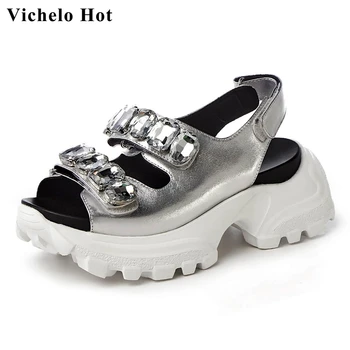

Vichelo Hot 2020 summer hot sale genuine leather peep toe high heels young lady rhinestone handmade classic sandals women L6f7