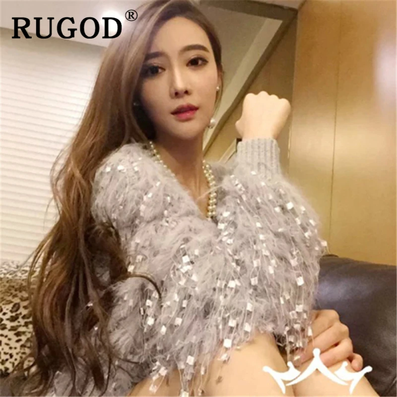 RUGOD элегантная обувь с подвесками на вечерние кардиган для женщин в Корейском стиле; с блестками; с рукавами «летучая мышь» свободный шерстяной кардиган осень джемпер пальто