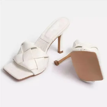 

Internet celebrity Hand knitting High heel sandals Square head Slipper Woman shoes Large size 35-41