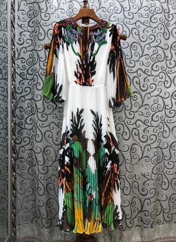 

2020 Spring and Summer New Women's round Neck Back Zip Embroidery Pattern Pleated Long Sleeve Dress 422