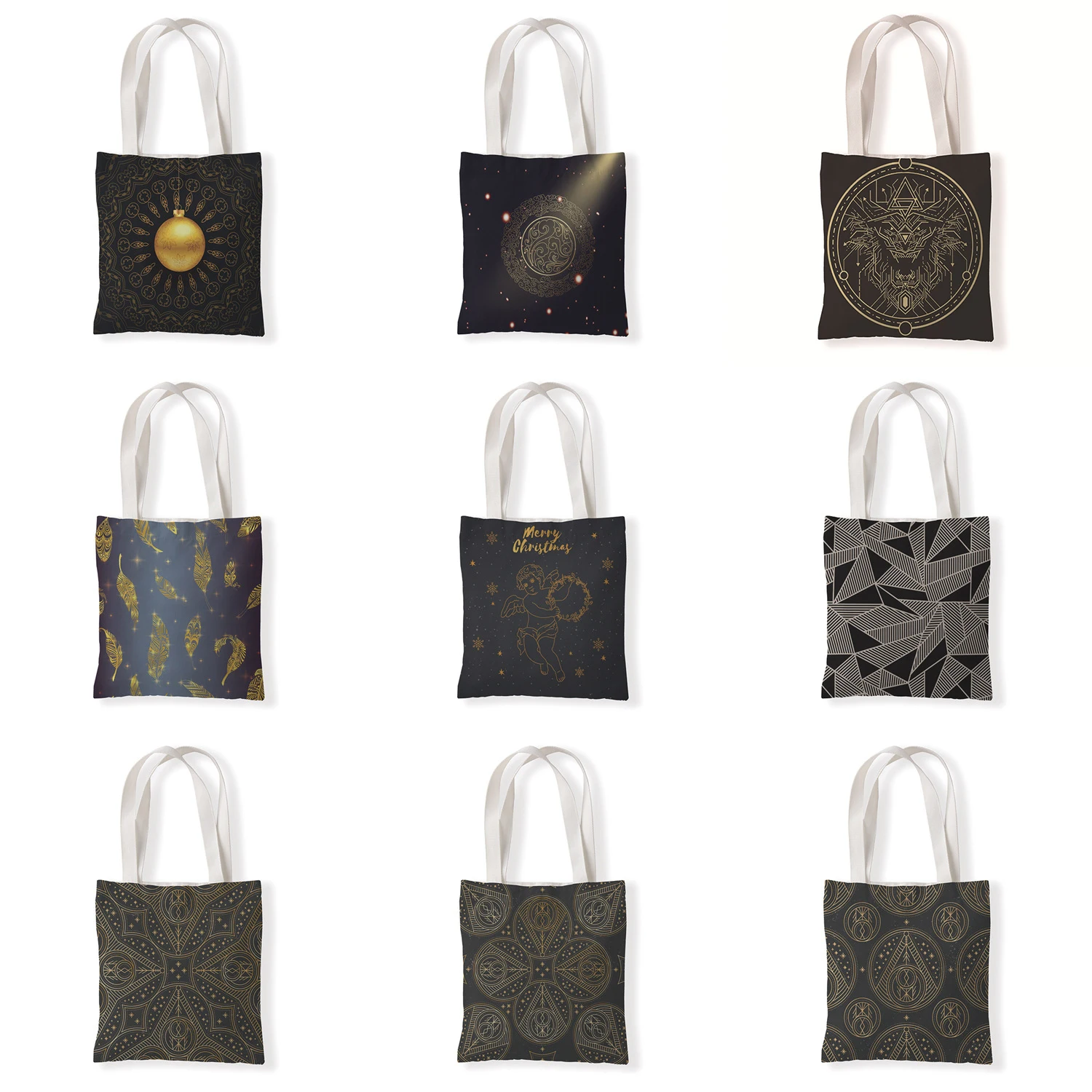 

Women Canvas Shopping Bags Mandala Printing Tote Bags Casual Eco Black Golden Shoulder Shopper Bag for Girls Handbags