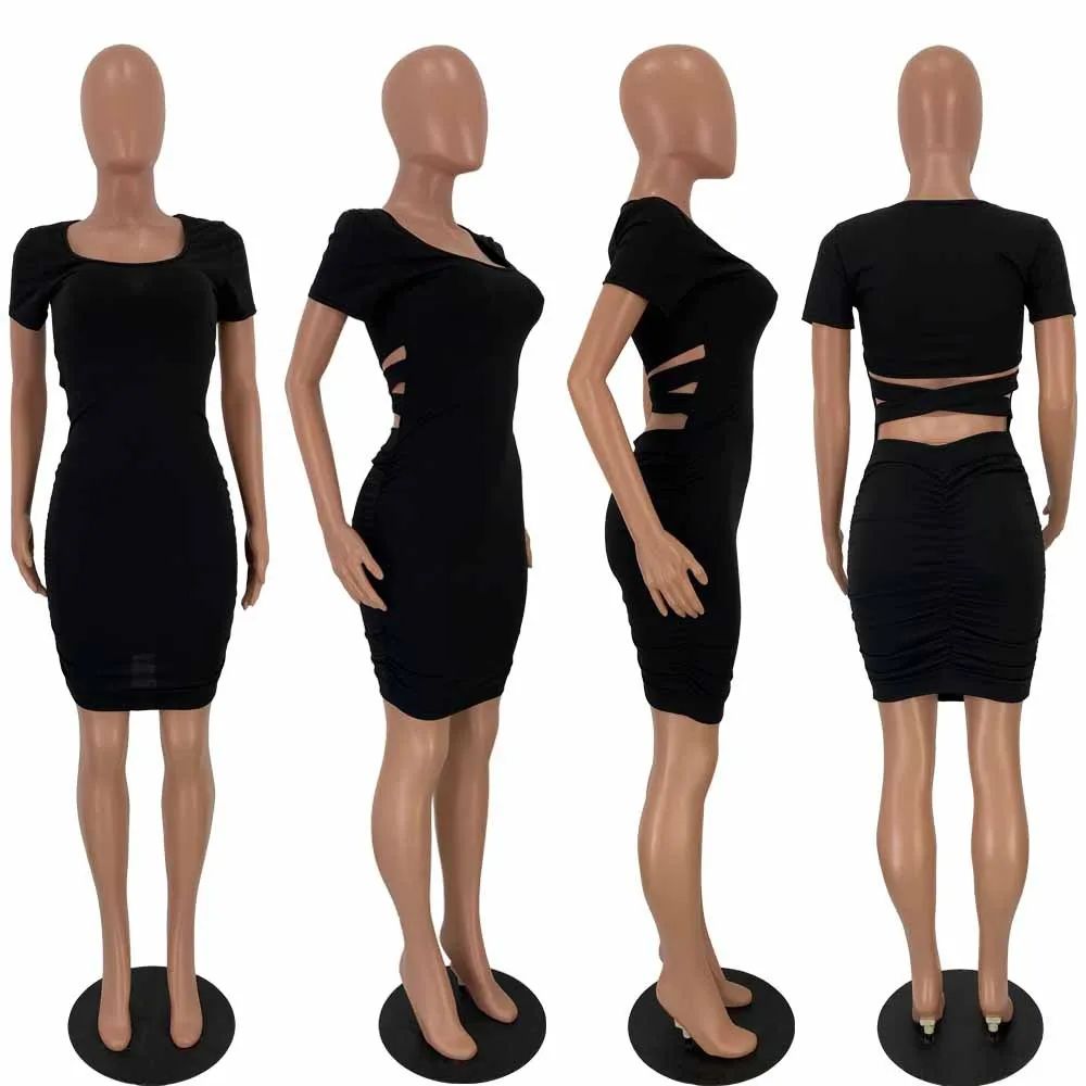 2020 Women Summer Elegant Mini Dress High Waist Cross Open Back Stacked Ruched Midi Bodycon Night Club Party Dresses Vestido