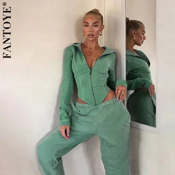 

FANTOYE Patchwork Irregular Full Sleeve Zipper Hooded Two Piece Set Women Fitness Crop Top And Long Pants Tracksuit Clubwear Set