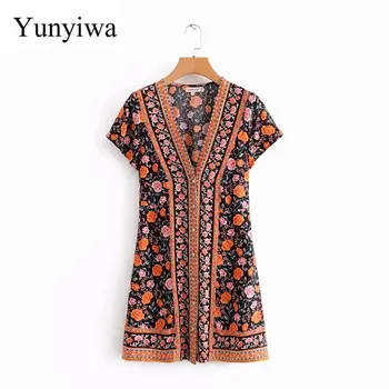 

Women Bohemian V Neck Position Rose Flower Print Mini Dress Ladies Short Sleeve Back Lace Up Vestidos Casual Slim Dresses