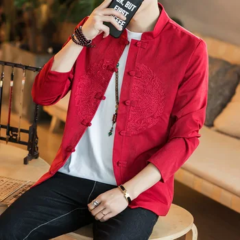 

2020 Chinese-style Spring Clothing Cotton Linen Stand Collar Jacket Youth Frog Dragon Design Embroidered Single Breasted Jacket